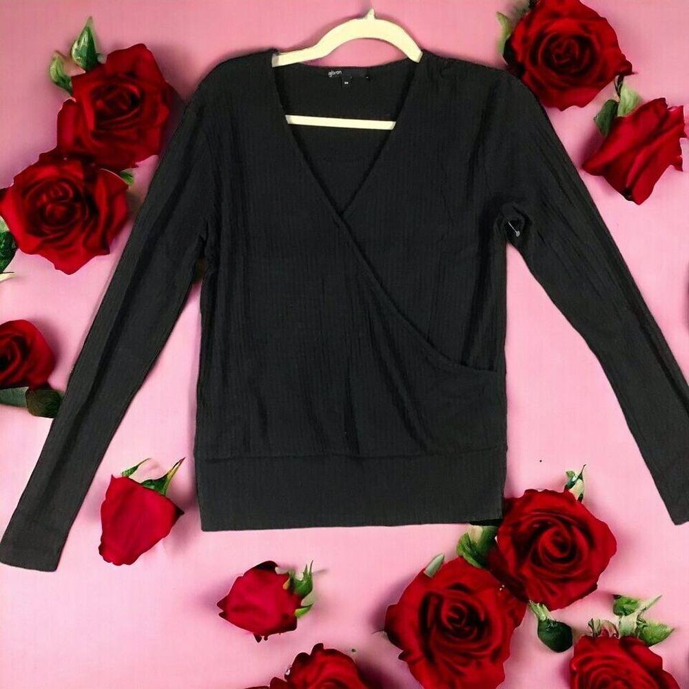 Gibson Womens Size XS Thermal Knit Surplice Top Size Black Ribbed Wrap